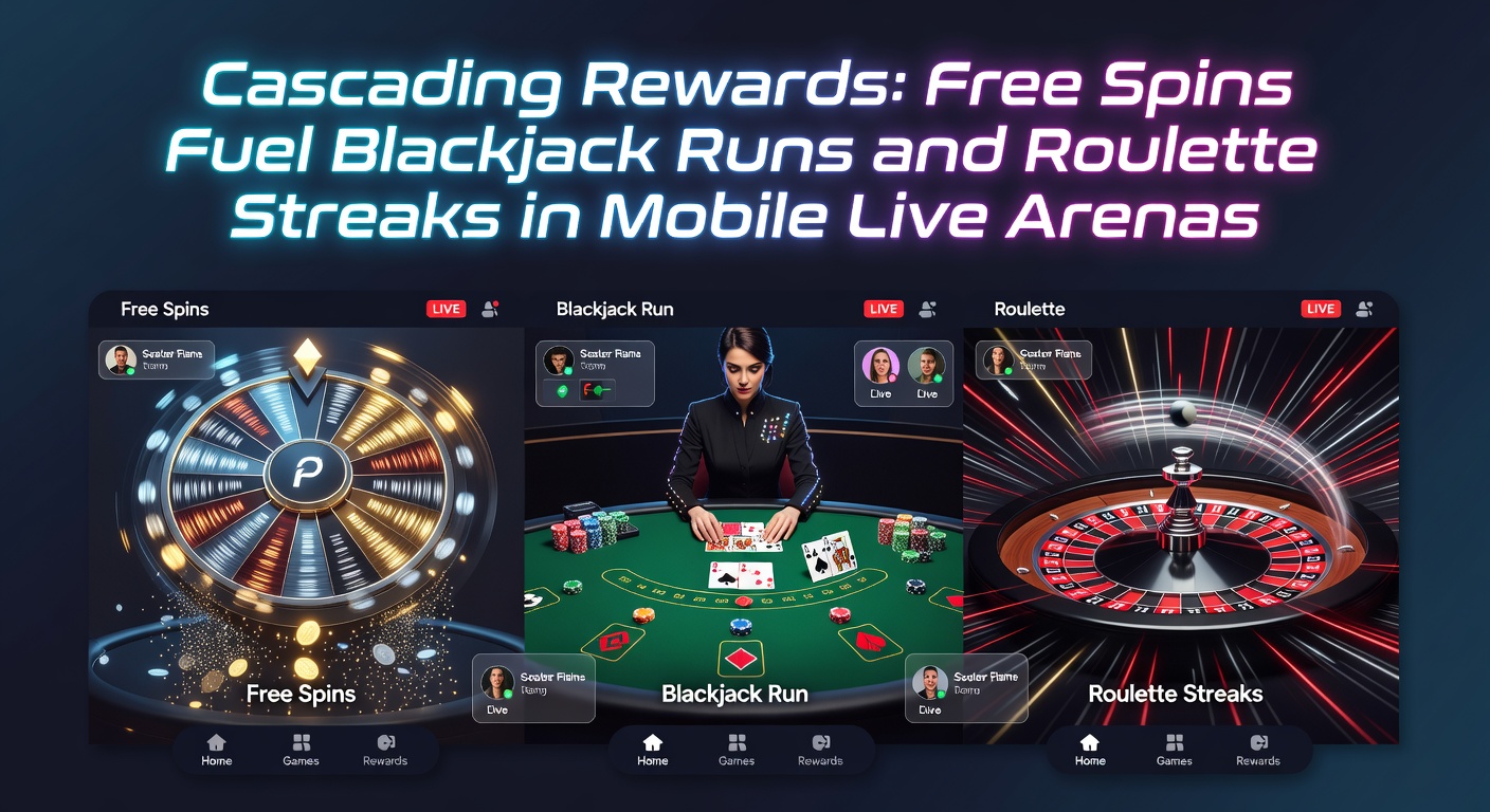 Dynamische Szene eines mobilen Live-Casinos mit Blackjack-Tisch und Roulette-Rad, umgeben von kaskadierenden Freispiel-Effekten