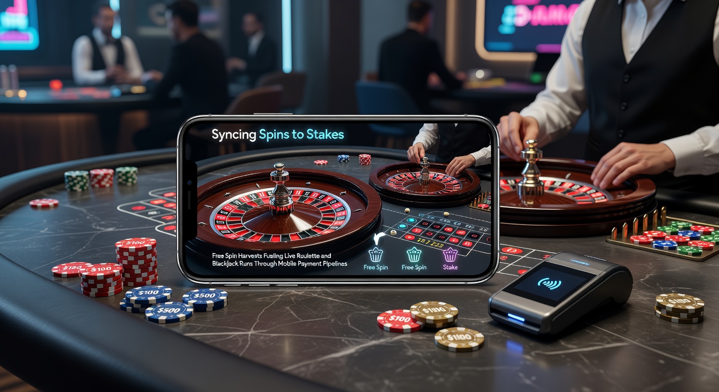 Dynamische Grafik, die Freispiele aus Slot-Maschinen darstellt, die nahtlos in Live-Roulette- und Blackjack-Tische übergehen, mit mobilen Zahlungssymbolen im Hintergrund